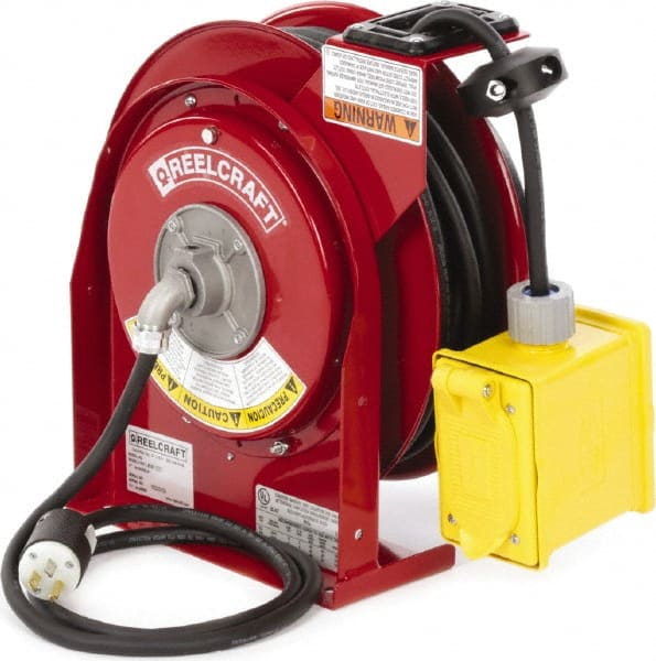 Reelcraft - 12 AWG, 45' Cable Length, Cord & Cable Reel with Outlet End - 2 Outlets, NEMA 5-15R, 15 Amps, 125 Volts, SJEOOW Cable, Red Reel, Electric Reel - Exact Tooling