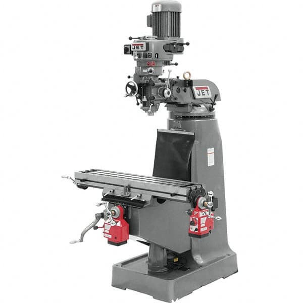 Jet - 9" Table Width x 42" Table Length, Step Pulley Control, 3 Phase Knee Milling Machine - R8 Spindle Taper, 2 hp - Exact Tooling