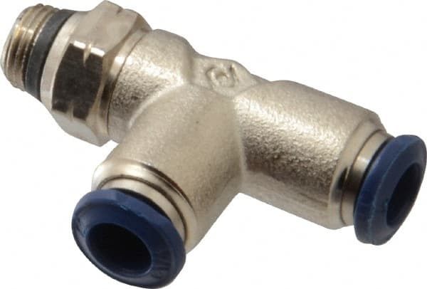 Alpha Technologies - 1/4" Outside Diam, 1/8 Universal Thread, Nickel Plated Brass Push-to-Connect Male Swivel Run Tee - 250 Max psi, Tube to Universal Thread Connection, Buna O-Ring - Exact Tooling