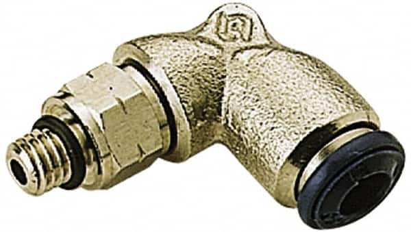 Alpha Technologies - 1/4" Outside Diam, 10-32 UNF, Nickel Plated Brass Push-to-Connect Male Elbow - 250 Max psi, Tube to Male UNF Connection, Buna O-Ring - Exact Tooling