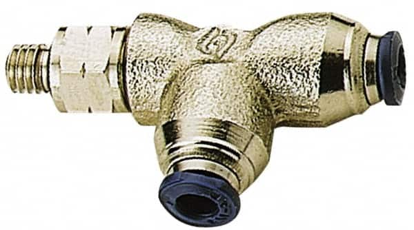 Alpha Technologies - 1/8" Outside Diam, 10-32 UNF, Nickel Plated Brass Push-to-Connect Male Swivel Run Tee - 250 Max psi, Tube to Male UNF Connection, Buna O-Ring - Exact Tooling