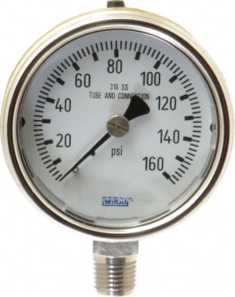 Wika - 2-1/2" Dial, 1/4 Thread, 0-160 Scale Range, Pressure Gauge - Lower Connection Mount, Accurate to 2-1-2% of Scale - Exact Tooling