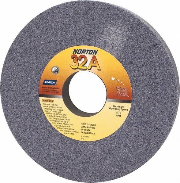 Norton - 12" Diam x 3" Hole x 1-1/2" Thick, H Hardness, 46 Grit Surface Grinding Wheel - Aluminum Oxide, Type 1, Coarse Grade, 2,070 Max RPM, Vitrified Bond, No Recess - Exact Tooling
