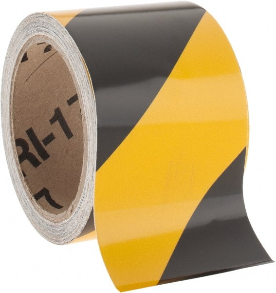 NMC - Black & Yellow Striped Vinyl Tape - 3" Wide x 30' Long x 0.002" Thick, General Traffic - Exact Tooling