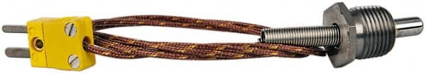 Thermo Electric - 0 to 900°F, K Pipe Plug, Thermocouple Probe - 5 Ft. Cable Length, Mini Connector, 1/2 Inch Probe Sheath Length, 6 Sec Response Time - Exact Tooling