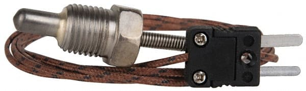 Thermo Electric - 0 to 900°F, J Pipe Plug, Thermocouple Probe - 5 Ft. Cable Length, Mini Connector, 1/2 Inch Probe Sheath Length, 6 Sec Response Time - Exact Tooling
