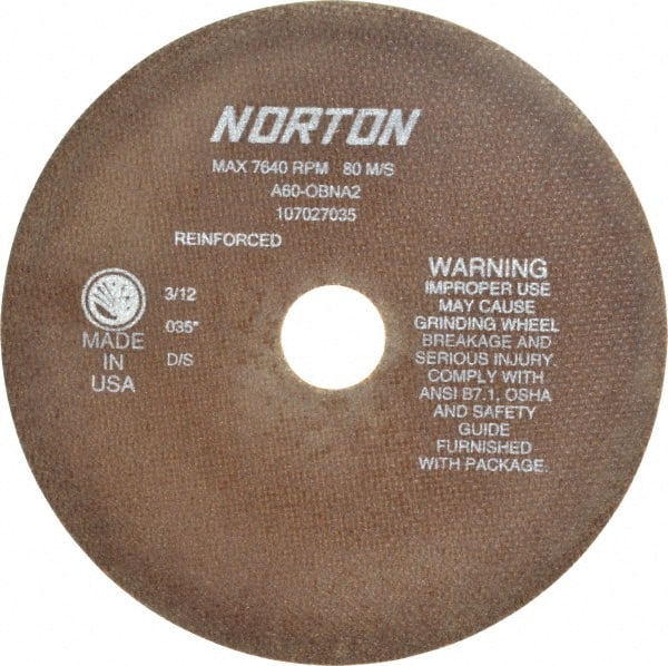 Norton - 8" 60 Grit Aluminum Oxide Cutoff Wheel - 0.035" Thick, 1-1/4" Arbor, 7,640 Max RPM, Use with Stationary Grinders - Exact Tooling