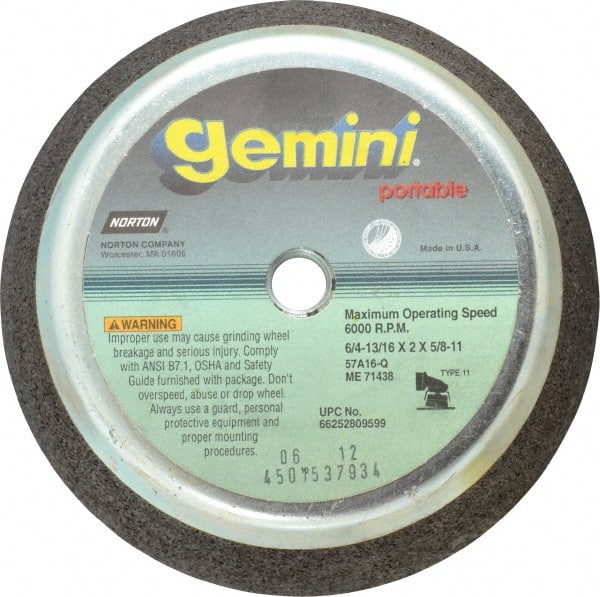 Norton - 6" Diam, 2" Overall Thickness, 16 Grit, Type 11 Tool & Cutter Grinding Wheel - Very Coarse Grade, Aluminum Oxide, Q Hardness, 6,000 RPM - Exact Tooling