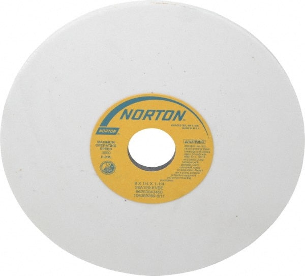 Norton - 8" Diam x 1-1/4" Hole x 1/4" Thick, K Hardness, 120 Grit Surface Grinding Wheel - Aluminum Oxide, Type 1, Fine Grade, 3,600 Max RPM, Vitrified Bond, No Recess - Exact Tooling