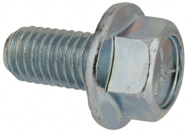 Value Collection - 1/2-13 UNC, 1" Length Under Head, Hex Drive Flange Bolt - 1" Thread Length, Grade 5 Steel, Serrated Flange, Zinc-Plated Finish - Exact Tooling