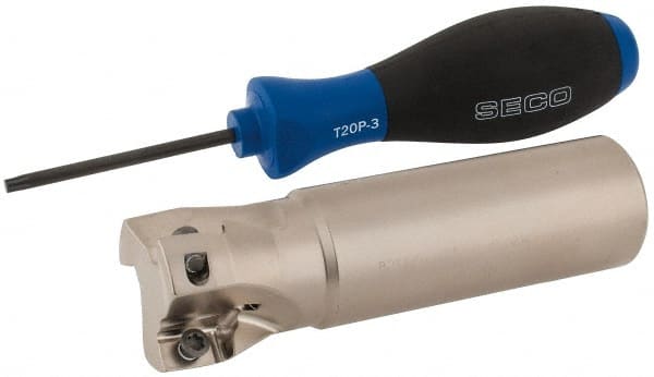 Seco - 1-1/2" Cut Diam, 0.669" Max Depth of Cut, 1-1/4" Shank Diam, 4.72" OAL, Indexable Square Shoulder End Mill - XO.X 1806.. Inserts, Weldon Shank, 90° Lead Angle, Through Coolant, Series Power Turbo - Exact Tooling