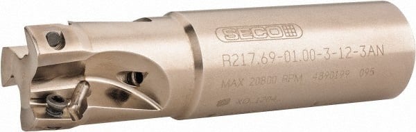 Seco - 1" Cut Diam, 0.433" Max Depth of Cut, 1" Shank Diam, 4" OAL, Indexable Square Shoulder End Mill - XO.X 1204.. Inserts, Weldon Shank, 90° Lead Angle, Through Coolant, Series Super Turbo - Exact Tooling