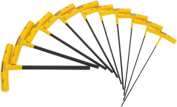 Bondhus - 10 Piece T-Handle Cushion Grip Hex Key Set - Hex Range 3/32 to 3/8", 9" OAL, Protanium High Torque Steel - Exact Tooling