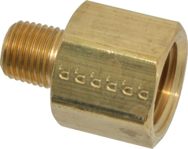 Parker - 1/4 Male Thread x 1/2 Female Thread, Brass Industrial Pipe Adapter - MNPTF x FNPTF, 1,000 psi - Exact Tooling