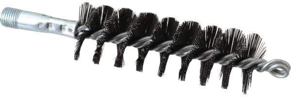 Schaefer Brush - 4-1/2" Brush Length, 1-1/2" Diam, Double Stem, Single Spiral Flue Brush - 7-1/2" Long, Tempered Steel Wire, 1/4" NPSM Male Connection - Exact Tooling