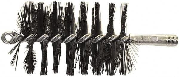 Schaefer Brush - 4-1/2" Brush Length, 3-1/4" Diam, Double Stem, Single Spiral Flue Brush - 7-1/2" Long, Tempered Steel Wire, 1/4" NPSM Male Connection - Exact Tooling