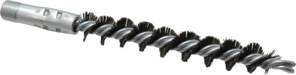 Schaefer Brush - 4-1/2" Brush Length, 3/4" Diam, Double Stem, Single Spiral Flue Brush - 7-1/2" Long, Tempered Steel Wire, 1/4" NPSM Male Connection - Exact Tooling
