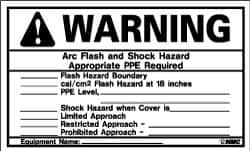 NMC - Accident Prevention Label, Header: WARNING - Legend: Warning - Arc Flash and Shock Hazard - Appropriate PPE Required, English, Black & Orange, 5" Long x 3" High, Sign Muscle Finish - Exact Tooling