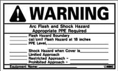NMC - Accident Prevention Label, Header: WARNING - Legend: Warning - Arc Flash and Shock Hazard - Appropriate PPE Required, English, Black & Orange, 5" Long x 3" High, Sign Muscle Finish - Exact Tooling