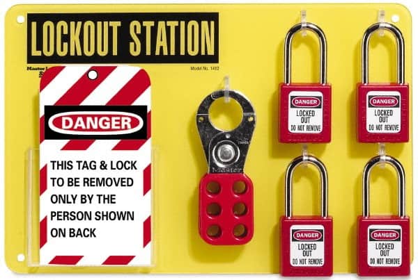 NMC - Equipped Acrylic Tag and Padlock / Hasp Station - 12 Inch Wide x 8 Inch High, Black on Yellow - Exact Tooling