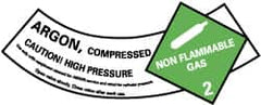 NMC - Hazardous Materials Label - Legend: Argon - Compressed - Caution! - High Pressure - Non Flammable - Gas 2, English, Green, Black & White, 5-1/4" Long x 2" High, Sign Muscle Finish - Exact Tooling