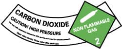 NMC - Hazardous Materials Label - Legend: Carbon Dioxide - Caution! - High Pressure - Non Flammable - Gas 2, English, Green, Black & White, 5-1/4" Long x 2" High, Sign Muscle Finish - Exact Tooling