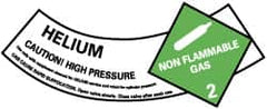 NMC - Hazardous Materials Label - Legend: Helium - Caution! High Pressure - Non Flammable Gas - 2, English, Green, Black & White, 5-1/4" Long x 2" High, Sign Muscle Finish - Exact Tooling