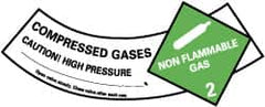 NMC - Hazardous Materials Label - Legend: Compressed Gases - Caution! - High Pressure - Non Flammable - Gas 2, English, Green, Black & White, 5-1/4" Long x 2" High, Sign Muscle Finish - Exact Tooling