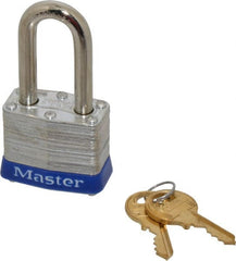 Master Lock - Keyed Different Retaining Key Conductive Lockout Padlock - 1-1/2" Shackle Clearance, 9/32" Shackle Diam, 1-1/4" Body Height x 1-9/16" Body Width, Blue, 4 Pins - Exact Tooling