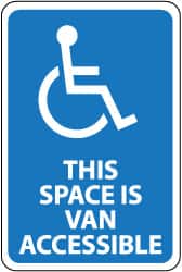 NMC - "This Space Is Van Accessible", "Handicapped Symbol", 12" Wide x 18" High, Aluminum ADA Signs - 0.04" Thick, White on Blue, Rectangle, Wall Mount - Exact Tooling