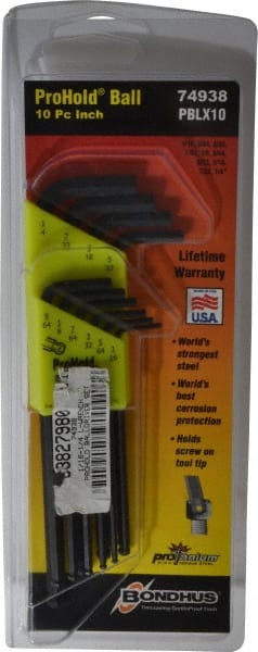 Bondhus - 10 Piece L-Key Ball End Hex Key Set - Hex Range 1/16 to 1/4" - Exact Tooling