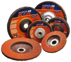 Norton - 120 Grit, 5" Disc Diam, 7/8" Center Hole, Type 27 Ceramic Flap Disc - Fiberglass Backing, Arbor Attaching System, Coated - Exact Tooling