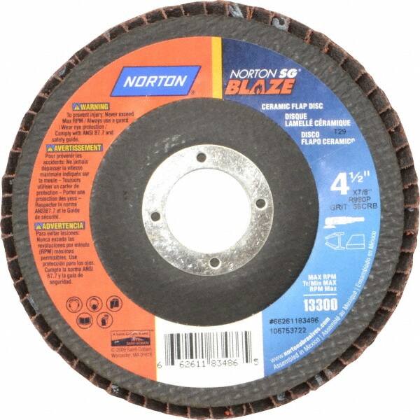Norton - 36 Grit, 4-1/2" Disc Diam, 7/8" Center Hole, Type 29 Ceramic Flap Disc - 13,000 Max RPM, Fiberglass Backing, Arbor Attaching System, Coated - Exact Tooling
