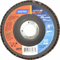 Norton - 36 Grit, 4-1/2" Disc Diam, 7/8" Center Hole, Type 29 Ceramic Flap Disc - 13,000 Max RPM, Fiberglass Backing, Arbor Attaching System, Coated - Exact Tooling