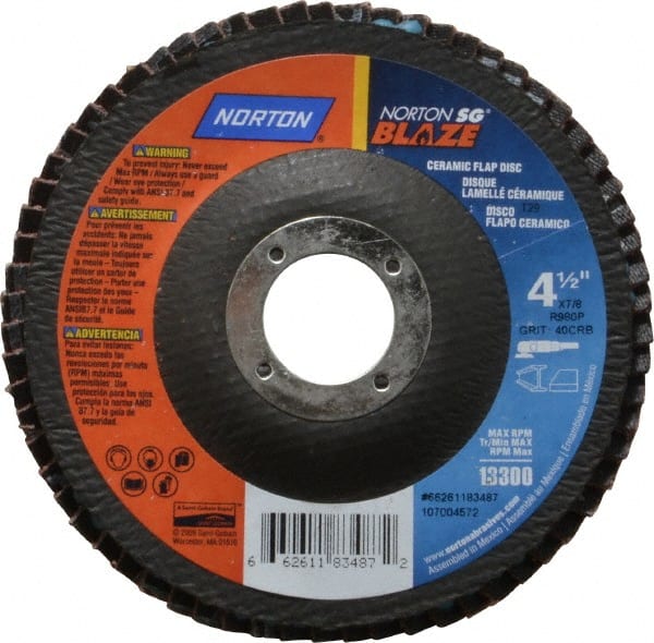 Norton - 40 Grit, 4-1/2" Disc Diam, 7/8" Center Hole, Type 29 Ceramic Flap Disc - 13,000 Max RPM, Fiberglass Backing, Arbor Attaching System, Coated - Exact Tooling