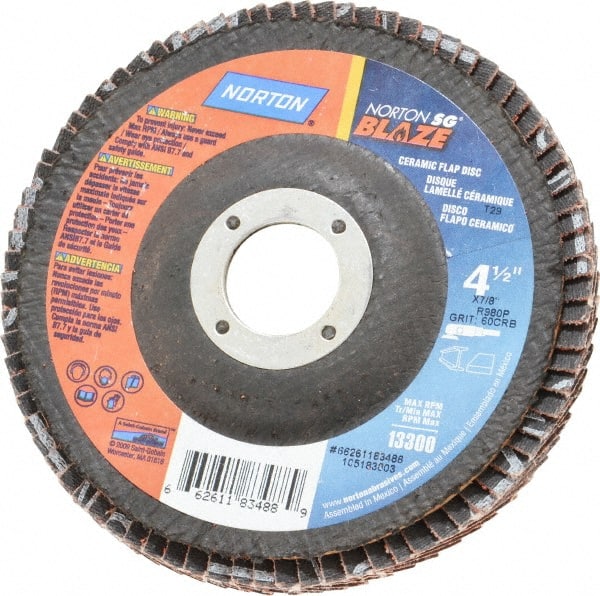 Norton - 60 Grit, 4-1/2" Disc Diam, 7/8" Center Hole, Type 29 Ceramic Flap Disc - 13,000 Max RPM, Fiberglass Backing, Arbor Attaching System, Coated - Exact Tooling