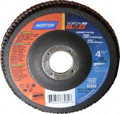 Norton - 80 Grit, 4-1/2" Disc Diam, 7/8" Center Hole, Type 29 Ceramic Flap Disc - 13,000 Max RPM, Fiberglass Backing, Arbor Attaching System, Coated - Exact Tooling