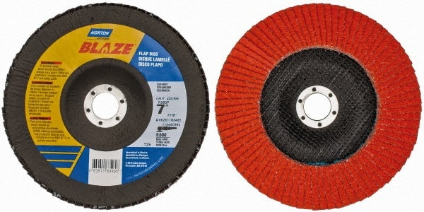 Norton - 40 Grit, 7" Disc Diam, 7/8" Center Hole, Type 29 Ceramic Flap Disc - 8,500 Max RPM, Fiberglass Backing, Arbor Attaching System, Coated - Exact Tooling