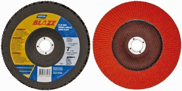 Norton - 60 Grit, 7" Disc Diam, 7/8" Center Hole, Type 29 Ceramic Flap Disc - 8,500 Max RPM, Fiberglass Backing, Arbor Attaching System, Coated - Exact Tooling