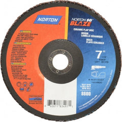 Norton - 80 Grit, 7" Disc Diam, 7/8" Center Hole, Type 29 Ceramic Flap Disc - 8,500 Max RPM, Fiberglass Backing, Arbor Attaching System, Coated - Exact Tooling