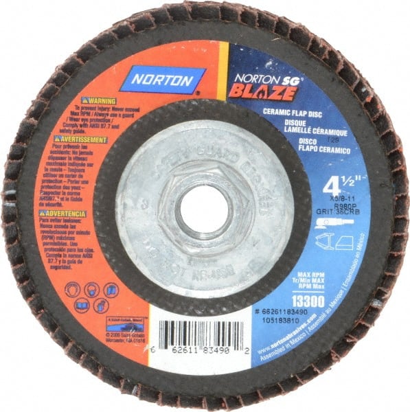 Norton - 36 Grit, 4-1/2" Disc Diam, 5/8-11 Center Hole, Type 29 Ceramic Flap Disc - 13,000 Max RPM, Fiberglass Backing, Arbor Attaching System, Coated - Exact Tooling