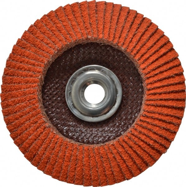 Norton - 40 Grit, 4-1/2" Disc Diam, 5/8-11 Center Hole, Type 29 Ceramic Flap Disc - 13,000 Max RPM, Fiberglass Backing, Arbor Attaching System, Coated - Exact Tooling
