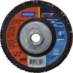 Norton - 60 Grit, 4-1/2" Disc Diam, 5/8-11 Center Hole, Type 29 Ceramic Flap Disc - 13,000 Max RPM, Fiberglass Backing, Arbor Attaching System, Coated - Exact Tooling