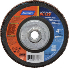 Norton - 80 Grit, 4-1/2" Disc Diam, 5/8-11 Center Hole, Type 29 Ceramic Flap Disc - 13,000 Max RPM, Fiberglass Backing, Arbor Attaching System, Coated - Exact Tooling