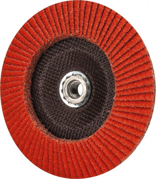 Norton - 36 Grit, 7" Disc Diam, 5/8-11 Center Hole, Type 29 Ceramic Flap Disc - 8,500 Max RPM, Fiberglass Backing, Arbor Attaching System, Coated - Exact Tooling