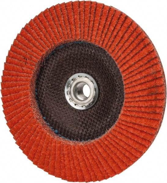 Norton - 40 Grit, 7" Disc Diam, 5/8-11 Center Hole, Type 29 Ceramic Flap Disc - 8,500 Max RPM, Fiberglass Backing, Arbor Attaching System, Coated - Exact Tooling