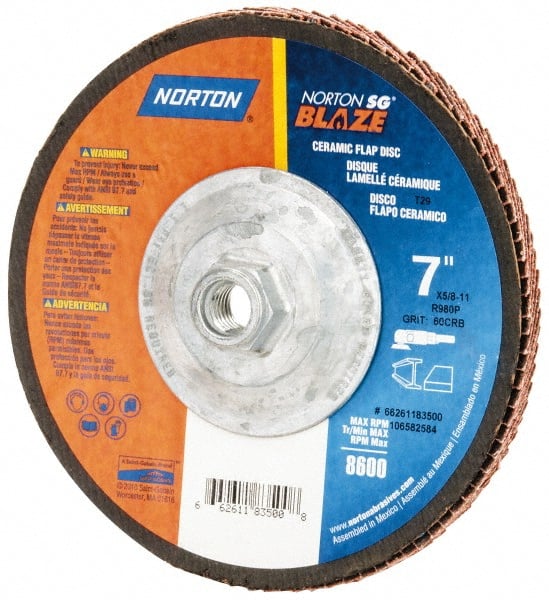 Norton - 60 Grit, 7" Disc Diam, 5/8-11 Center Hole, Type 29 Ceramic Flap Disc - 8,500 Max RPM, Fiberglass Backing, Arbor Attaching System, Coated - Exact Tooling
