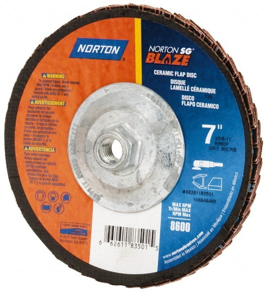 Norton - 80 Grit, 7" Disc Diam, 5/8-11 Center Hole, Type 29 Ceramic Flap Disc - 8,500 Max RPM, Fiberglass Backing, Arbor Attaching System, Coated - Exact Tooling