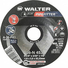 WALTER Surface Technologies - 36 Grit, 4-1/2" Wheel Diam, 3/32" Wheel Thickness, 7/8" Arbor Hole, Type 27 Depressed Center Wheel - Aluminum Oxide/Silicon Carbide Blend, Resinoid Bond, 13,300 Max RPM - Exact Tooling