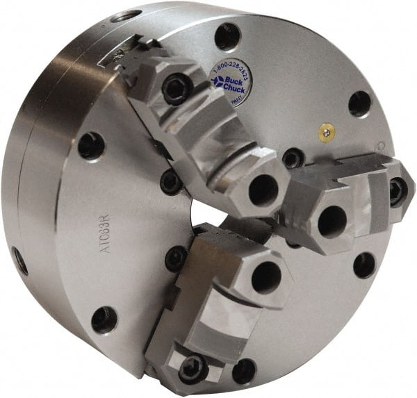 Buck Chuck Company - 3 Jaws, 10" Diam, Self Centering Manual Lathe Chuck - Plain Back Mount Spindle, Adjustable, Reversible, 2,000 Max RPM, 2-63/64" Through Hole Diam, Cast Iron - Exact Tooling